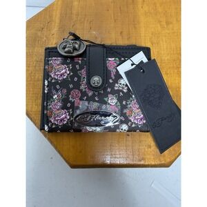 Ed Hardy‎ Skull Rose Vegan Leather Wallet ID Holder Chain Black NWT